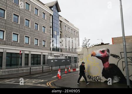 Une fresque d'un vautour faisant face à l'ancien site de la Banque Ulster à Dublin. NatWest envisage de retirer sa marque Ulster Bank de la République d'Irlande, a-t-il été signalé. Date de la photo : vendredi 19 février 2021. Le Financial Times a déclaré que la banque devrait annoncer une sortie progressive du pays, où elle est la troisième plus grande banque et opère sous la marque Ulster Bank, lorsqu'elle communique ses résultats annuels vendredi. Banque D'Images