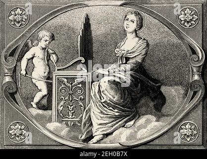 Saint Cecilia à l'orgue. Sancta Caecilia est un martyr romain vénéré dans les églises catholiques, orthodoxes et anglicanes. Patron de musique et musiciens. Ancienne illustration gravée du XIXe siècle d'El Mundo Ilustrado 1879 Banque D'Images