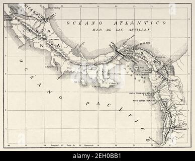 Ancienne carte de l'Amérique centrale. Route du canal de Panama. Wyse route. Lucien Napoleon Bonaparte Wyse (1845-1909) était un ingénieur français chargé d'examiner les différentes voies possibles pour les fouilles futures du canal de Panama. Amérique centrale. Ancienne illustration gravée du XIXe siècle d'El Mundo Ilustrado 1879 Banque D'Images