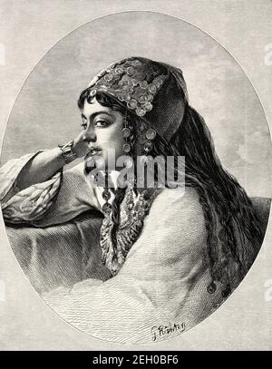 Portrait d'une belle jeune égyptienne du XIXe siècle vêtue de vêtements traditionnels de l'époque. Histoire de l'Égypte ancienne. Ancienne illustration gravée du XIXe siècle d'El Mundo Ilustrado 1879 Banque D'Images