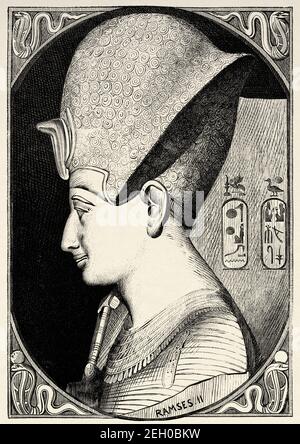 Portrait de Pharaon Ramses II, considéré comme le pharaon le plus célèbre et le plus puissant de l'Empire égyptien et l'oppresseur des Juifs, l'ancien empire égyptien. Histoire de l'Égypte ancienne. Ancienne illustration gravée du XIXe siècle d'El Mundo Ilustrado 1879 Banque D'Images