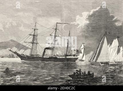 EXPÉDITION dans l'Arctique AMÉRICAIN. Le navire USS Jeannette quitte la ville de San Francisco pour effectuer l'expédition vers le pôle nord, États-Unis d'Amérique. Ancienne illustration gravée du XIXe siècle d'El Mundo Ilustrado 1879 Banque D'Images