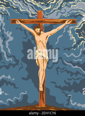 L'art de l'affiche WPA de Jésus Christ crucifié sur la croix pendant sa crucifixion fait dans l'administration de projet d'œuvres ou le style de projet d'art fédéral. Illustration de Vecteur