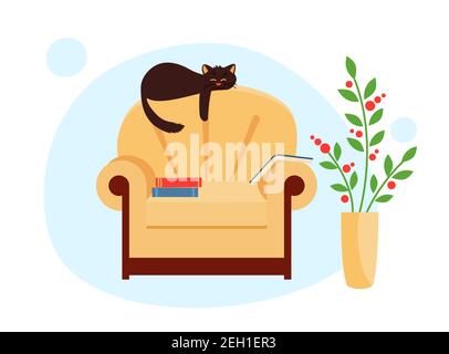 Le chat mignon est couché sur le dos de la chaise dans la pièce chaude. Concept de maison confortable. Il y a des livres sur la chaise et vase avec une plante. Illustration vectorielle en acier plat Illustration de Vecteur