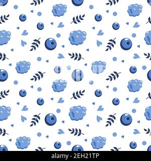 Joli motif bleu sans coutures avec des bleuets, des framboises et des feuilles Illustration de Vecteur