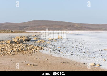 Lac rose de Koyash en Crimée en été. Paysage pastel incroyablement délicat. Le concept de détente, de tranquillité et de paix. Arrière-plan naturel Banque D'Images