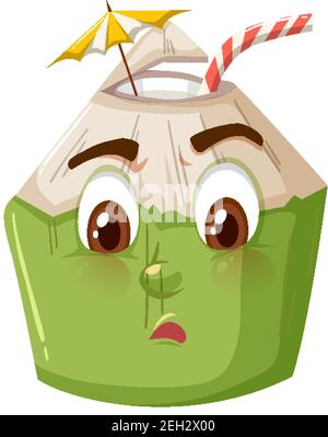 Joli personnage de dessin animé de noix de coco avec expression de visage confuse sur blanc illustration d'arrière-plan Illustration de Vecteur