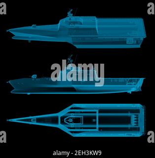 navire de guerre dans la vue supérieure et latérale des rayons x. rendu 3d Banque D'Images
