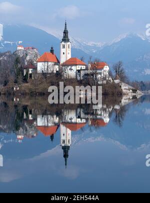 Bled, Slovénie. 19 février 2021. L'église de l'Assomption de la Vierge Marie sur l'île de Blejski Otok dans le lac Bled au pied du plateau de Pokljuka. Le château de Bled est visible en arrière-plan. Les Championnats du monde de biathlon se tiendront à Pokljuka du 10-21 au 16 février. Credit: Sven Hoppe/dpa/Alay Live News Banque D'Images