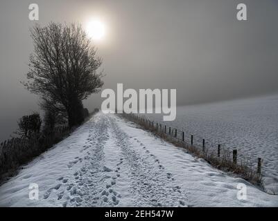 Le soleil piquant dans la brume sur une piste enneigée (Sur le chemin de fer inutilisé) aux frontières écossaises Banque D'Images