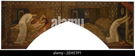 Cupid et psyché - peintures murales vertes du palais - psyché tenant la lampe regarde sur le visage de Cupid endormi et psyché abandonnés, 1881. Une scène du poème épique de William Morris, « le paradis terrestre ». Banque D'Images