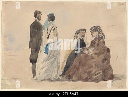 Deux dames assises et un couple marchant sur la plage, c. 1866. Banque D'Images