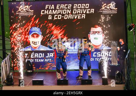 29 ERDI Tibor jun. (HUN), KOVACS Szabolcs (HUN), Erdi team KFT, Mitsubishi lancer Evo X, ambiance podium lors du Rallye Islas Canarias 2020, 5e tour du Championnat européen de rallye FIA 2020, du 26 au 28 novembre 2020 à Las Palmas de Gran Canaria, Espagne - photo Jorge Cunha / DPPI Banque D'Images