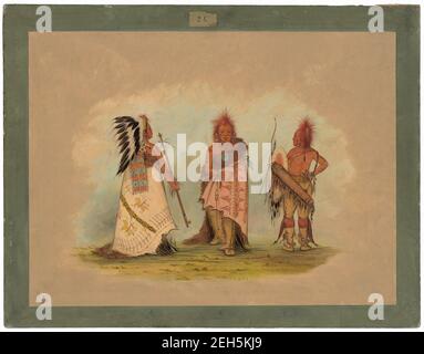 Un chef Pawnee avec deux guerriers, 1861/1869. Lee-sh&#xe1;W-loo-l&#xe1;-le-h&#xf3;o (chef de la coiffure) avec L&#x2019;har-re-tar-r&#xfa;sche (guerrier avec tomahawk) et Lo-lock-to-h& xf3;o-la (robe de guerre) sur Platte 1833 Banque D'Images