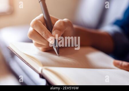 Femme d'affaires fait une note dans un ordinateur portable. Banque D'Images