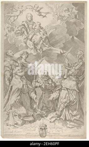 Saints patrons de Bologne regardant vers le haut la Vierge qui est assise dans les nuages avec le bébé Christ sur ses genoux, après Reni, 1640-50. Banque D'Images