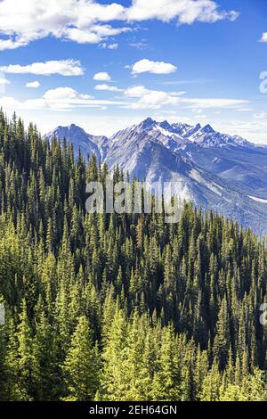 La vue depuis la télécabine de Banff qui s'étend jusqu'au mont Sulphur dans les montagnes Rocheuses, Banff, Alberta, Canada Banque D'Images