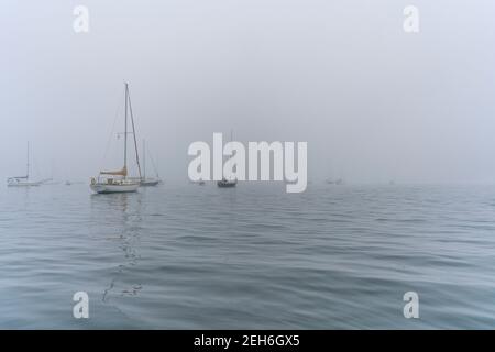 Bateaux dans le port de Camden sur un brumeux, brumeux tôt le matin d'été. Banque D'Images