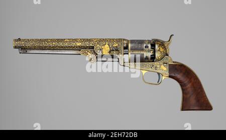 Colt Navy Revolver, modèle 1851, incrusté d'or (n° de série 20133), avec case et accessoires, American, Hartford, Connecticut, ca. 1853. Banque D'Images