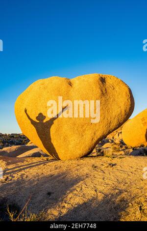 Bloc en forme de coeur avec ombre de l'homme avec les bras étirés. Dans la lumière du soir dorée au parc national de Joshua Tree, CA carte de Saint-Valentin approprié. Banque D'Images