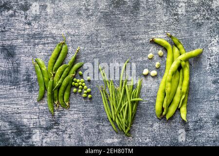 Bouquet de haricots. Concept de nourriture végétarienne saine de fond, sélection de nourriture verte fraîche pour diète de détox : pois, haricots larges et haricots verts. Espace de copie pour Banque D'Images