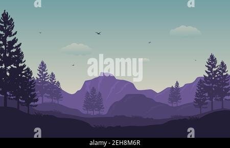 Paysage de hautes montagnes avec silhouettes de beaux cyprès le matin. Illustration vectorielle Illustration de Vecteur