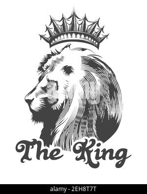 Tête de lion avec couronne et inscription le roi dessiné en style gravure. Illustration vectorielle. Illustration de Vecteur