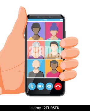 Réunion d'entreprise par visioconférence. Appel vidéo sur smartphone. Discutez avec un groupe de personnes. Boutons refuser et accepter à l'écran. Réunion en ligne, séminaire vidéo en ligne ou formation. Illustration vectorielle plate Illustration de Vecteur