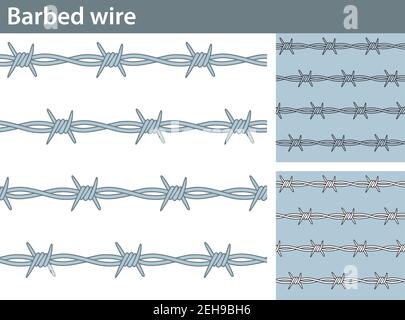 Trois versions différentes d'un motif sans couture avec fil barbelé : non rempli, avec remplissage blanc et coloré. Illustration de Vecteur