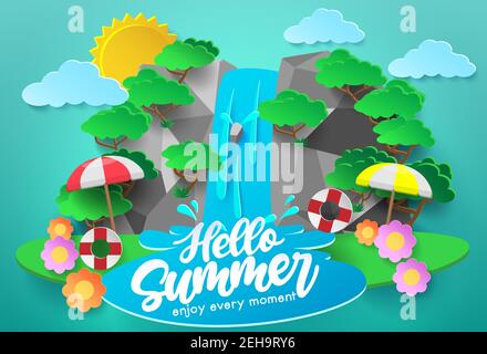 Hello Summer Vector concept design. Bonjour été Profitez du texte de chaque moment pour les vacances en plein air de saison tropicale avec fond de cascade et forêt. Illustration de Vecteur