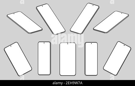 Ensemble de neuf maquettes 3D pour smartphone sous différents angles, projections. Design moderne de l'interface utilisateur. Écran vide, noir sur fond gris. Illustration de Vecteur