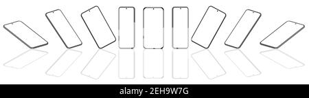 Ensemble de neuf maquettes 3D pour smartphone sous différents angles, projections. Design moderne de l'interface utilisateur. Écran vide, noir sur fond blanc. Illustration de Vecteur