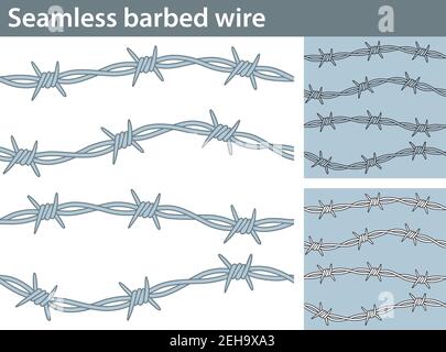 Trois versions différentes d'un motif sans couture avec fil barbelé : non rempli, avec remplissage blanc et coloré. Illustration de Vecteur