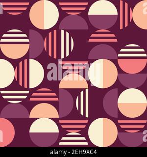 Motif vectoriel sans couture géométrique de style moderne du milieu du siècle - rétro des années 60 et l'imprimé minimaliste des années 70 avec des cercles en rose et en mauve Illustration de Vecteur