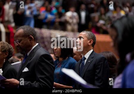 Le président Barack Obama et la première dame Michelle Obama assistent à un service religieux à l'église épiscopale méthodiste de l'Afrique métropolitaine à Washington, D.C., le jour de l'inauguration, le dimanche 20 janvier, 2013. Banque D'Images