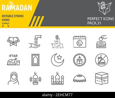 Jeu d'icônes de ligne de Ramadan, collection islam, graphiques vectoriels, illustrations de logo, icônes de vecteur de Ramadan heureux, signes arabes, pictogrammes de contour, modifiable Illustration de Vecteur