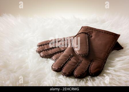 Paire de gants en cuir marron pour hommes avec coutures contrastantes marron foncé sur fourrure blanche. Banque D'Images