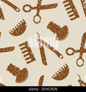 Atelier de coiffure outils vectorisation fond sans couture. Toile de fond beige ocre avec ciseaux, brosse de rasage, peigne, lame de rasoir. Motif de gringe Terrazzo texturé Illustration de Vecteur