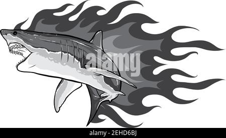 Danger requin avec des flammes tribales pour tatouage ou mascotte design, tel un modèle de logo. Illustration de Vecteur