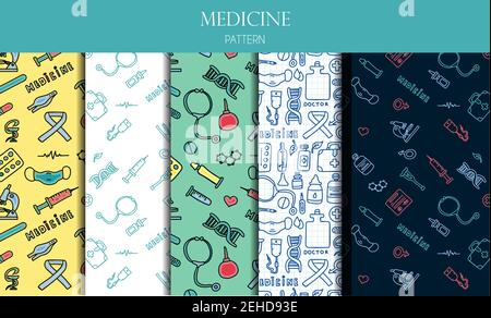 Un ensemble de motifs médicaux sans couture. Affiche de doodle médicale avec des médicaments, des tubes à essai et un thermomètre. Grande mise en place de la pharmacie. Carte d'illustration vectorielle avec Illustration de Vecteur