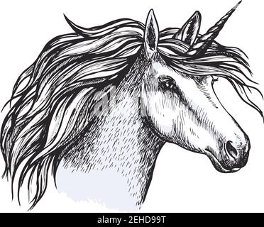 Dessin de la tête de licorne de cheval magique avec corne. Conte de fées ou animal mythique à fourrure grise et à la forme curly pour tatouage, badge héraldique médiéval ou t-shirt Illustration de Vecteur