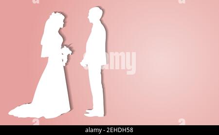 Silhouette vectorielle d'une mariée et d'un marié qui tient un bouquet de fleurs. Le couple se regarde l'un l'autre Illustration de Vecteur