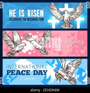 Ensemble de banderoles blanches à motif oiseau de colombe pour la cérémonie de mariage, les fêtes religieuses de Pâques et le modèle de la Journée mondiale de la paix. Pigeon volant avec coeur, branche d'olive a Illustration de Vecteur