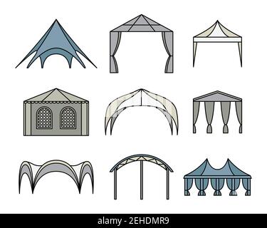 Ensemble vectoriel d'illustrations de tente d'événement. Dessin au trait Illustration de Vecteur