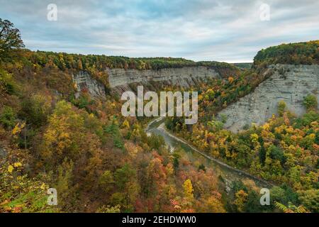 Great Bend, Genesee River et gorge dans le parc national de Letchworth, Wyoming County, New York, avant l'aube Banque D'Images