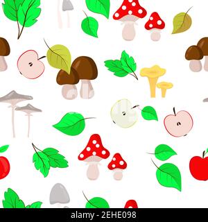 Fond sans couture avec champignons, feuilles et pommes. Répétition vectorielle. Arrière-plan de l'automne. Illustration de Vecteur