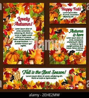Cartes de vœux de saison d'automne des affiches des feuilles en chute et de la récolte d'automne. Citrouille vectorielle, framboise et corne de chêne dans l'érable ou le bouleau et le châtaignier Illustration de Vecteur