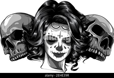 Fille morte avec deux crânes de sucre. Illustration de Vecteur