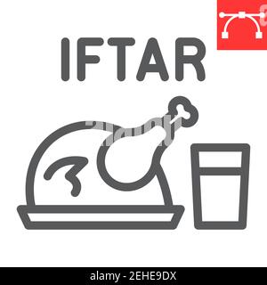 Icône de ligne d'iftar, Ramadan heureux et religion, nourriture de poulet avec icône de vecteur d'eau, graphiques de vecteur, signe de contour modifiable de trait, eps 10. Illustration de Vecteur