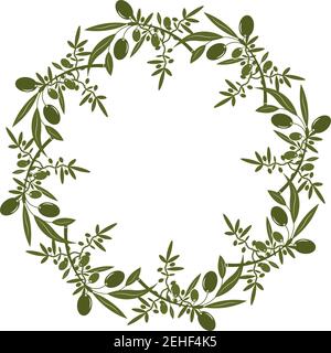 Couronne d'olive avec baies et feuilles. Bordure vectorielle florale dessinée à la main avec des fruits d'olive et des branches d'arbre avec des feuilles isolées sur un fond blanc. F Illustration de Vecteur